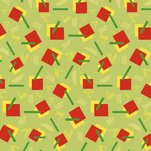 Art Deco Rectangles Bars and Vs in Christmas Red and Green on Mint with Yellow