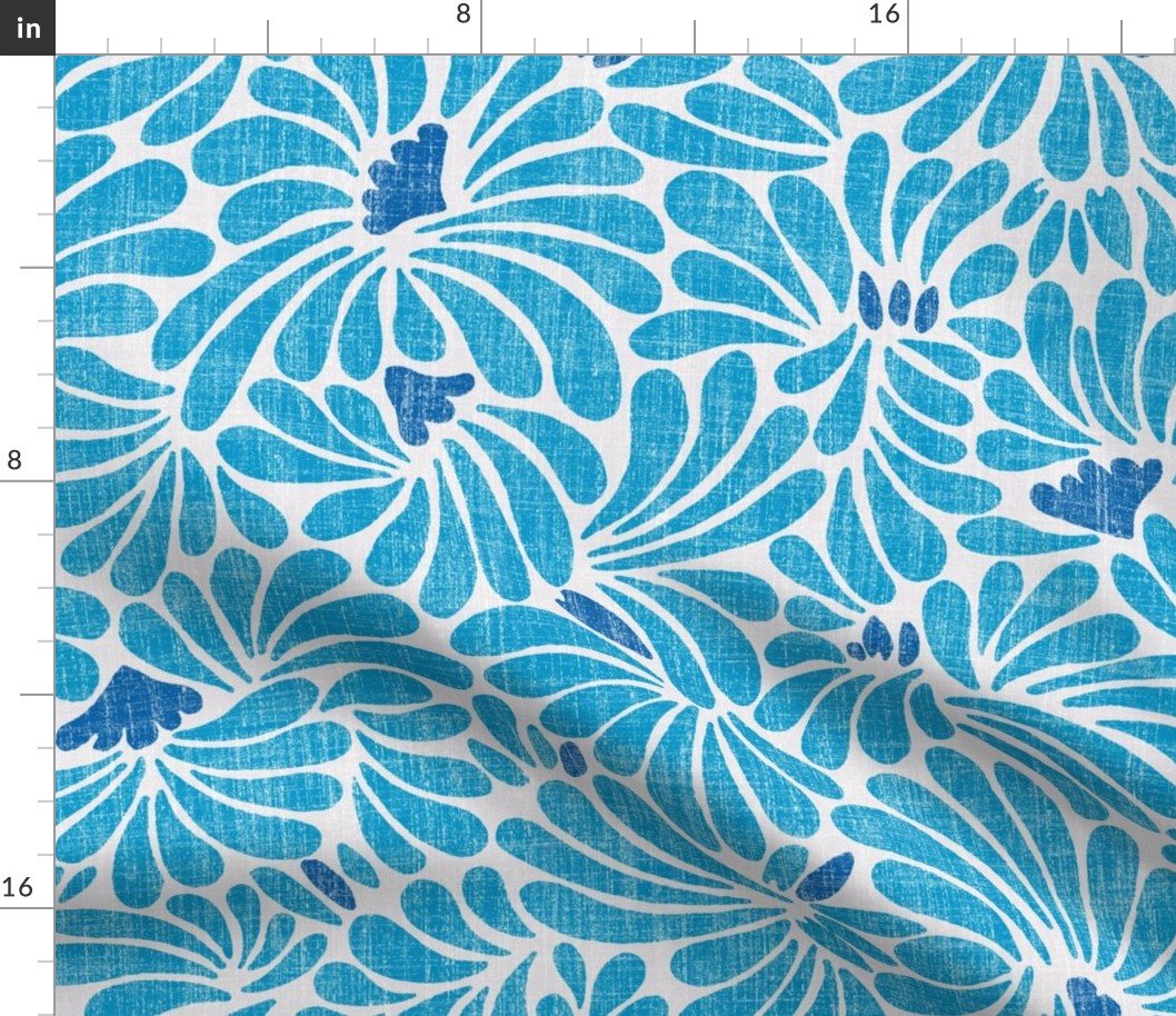 large water flower splash in teal and ultramarine with linen texture