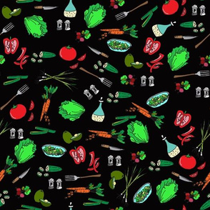 Salad Lovers on Black  Novelty Fabric - Colorful Illustrated Design, lettuce, tomatoes, carrots, cucumbers, peppers