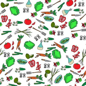 Salad Lovers on White Novelty Fabric - Colorful Illustrated Design, lettuce, cucumbers, tomatoes, peppers, carrots