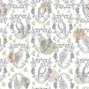 Line Art Owls in Floral Wreaths and Pastel Dots on White Background