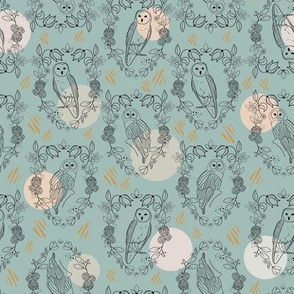Line Art Owls in Floral Wreaths and Pastel Dots on Blue Background