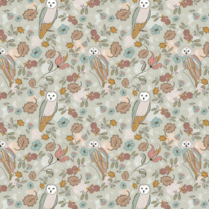 Boho Owls with Florals and Leaves in a Soft Pastel Palette