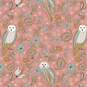 Boho Owls with Florals and Leaves in aBright Pink Palette