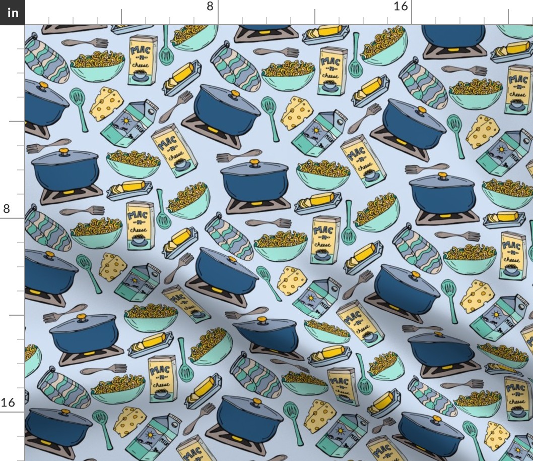 Mac n Cheese Blue on Blue Novelty Fabric - Colorful Illustrated Design