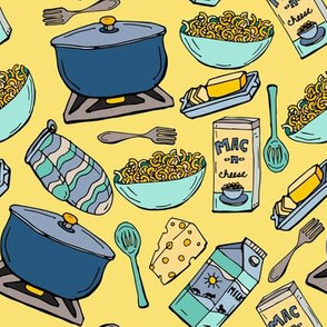 Mac n Cheese on Yellow Novelty Fabric - Colorful Illustrated Design