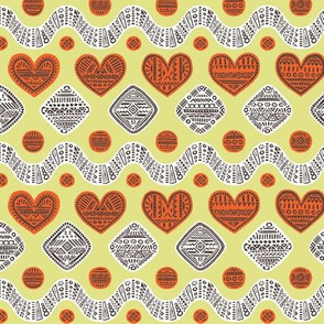 Intricate hearts and waves in orange and lime yellow