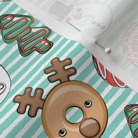Christmas donuts - holiday doughnuts - santa, snowman, reindeer - aqua stripes - LAD20