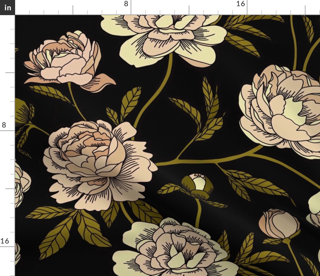 Climbing Peonies on black - xl scale