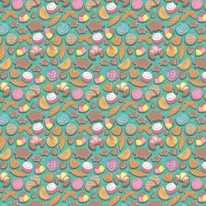 Super tiny scale // Mexican Sweet Bakery Frenzy // teal background // pastel colors pan dulce