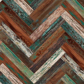 Reclaimed Boat Wood Chevron Tiles Green Teal Cream Rust Brown Herringbone