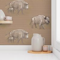 White Spirit Bison Buffalo Bull Cow and Calf Textured