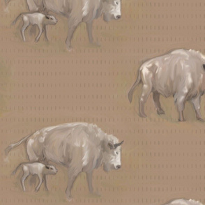 White Spirit Bison Buffalo Bull Cow and Calf Textured