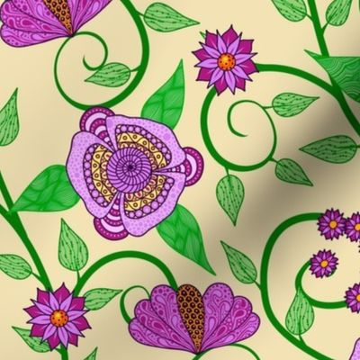 Fantasy Floral Vine--pink and green on cream