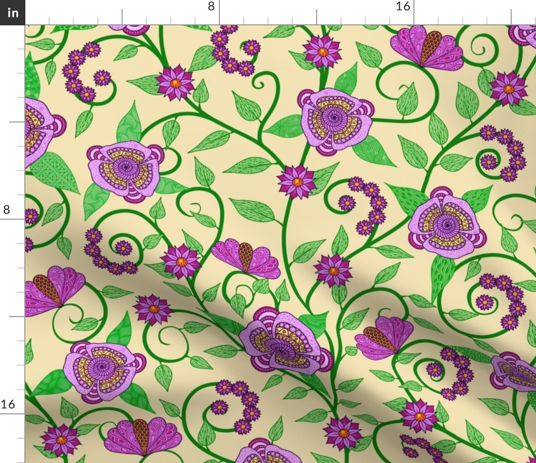 Fantasy Floral Vine--pink and green on cream