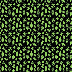 Green Leaf Silhouettes Leaves Pattern on Black (Mini Scale)