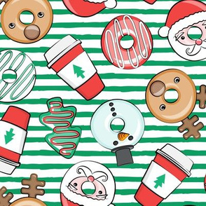 Christmas Donuts and Coffee - santa, snowman, reindeer, green and red doughnuts - green stripes - LAD20