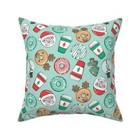 Christmas Donuts and Coffee - santa, snowman, reindeer, green and red doughnuts - mint - LAD20