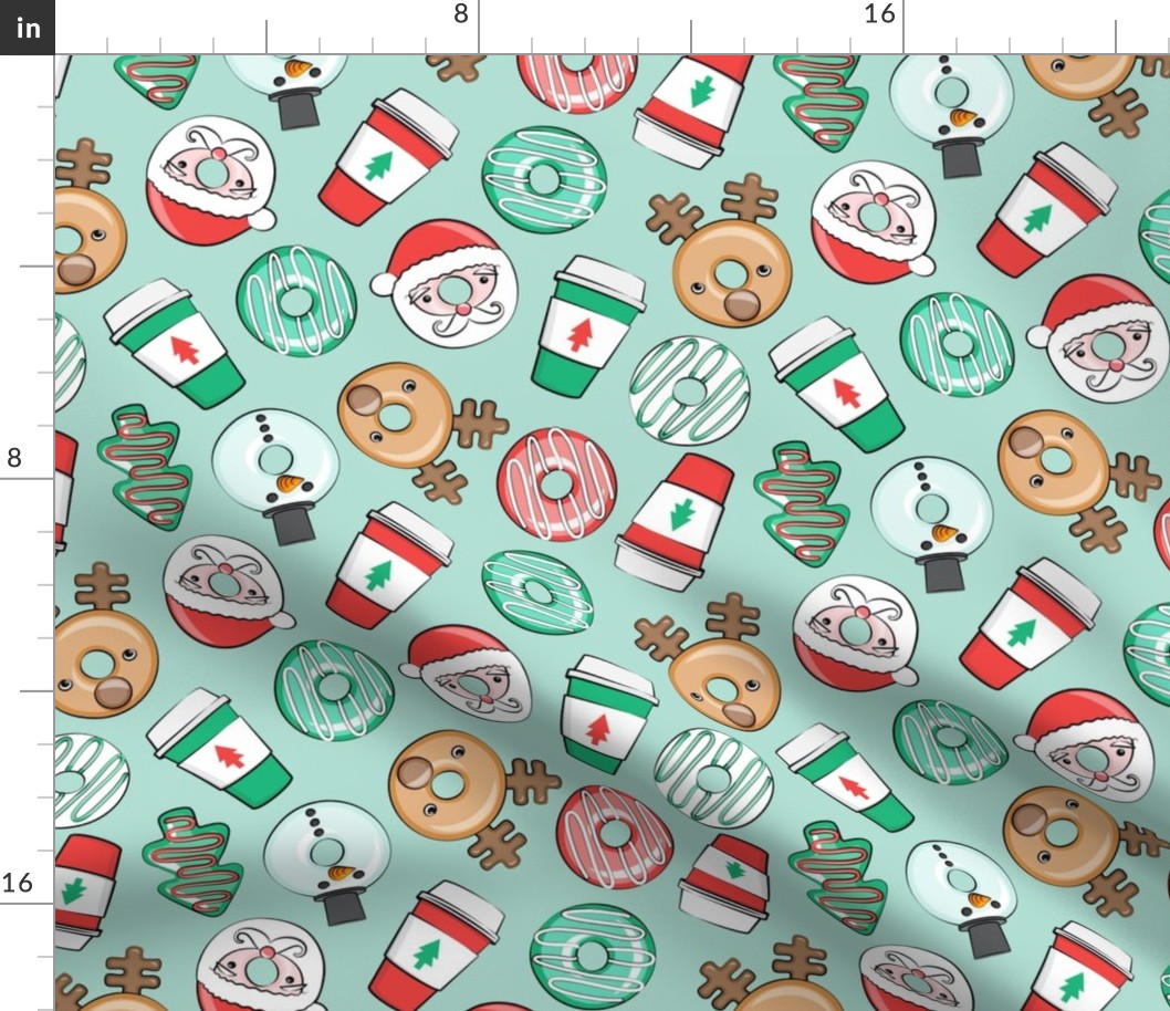 Christmas Donuts and Coffee - santa, snowman, reindeer, green and red doughnuts - mint - LAD20