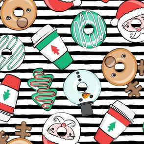 Christmas Donuts and Coffee - santa, snowman, reindeer, green and red doughnuts - black stripes - LAD20