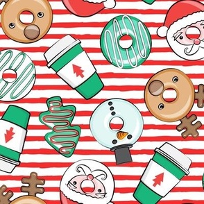 Christmas Donuts and Coffee - santa, snowman, reindeer, green and red doughnuts - red stripes - LAD20
