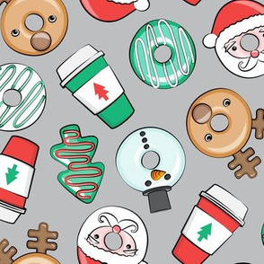 Christmas Donuts and Coffee - santa, snowman, reindeer, green and red doughnuts - grey - LAD20