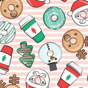 Christmas Donuts and Coffee - santa, snowman, reindeer, green and red doughnuts - pink stripes - LAD20