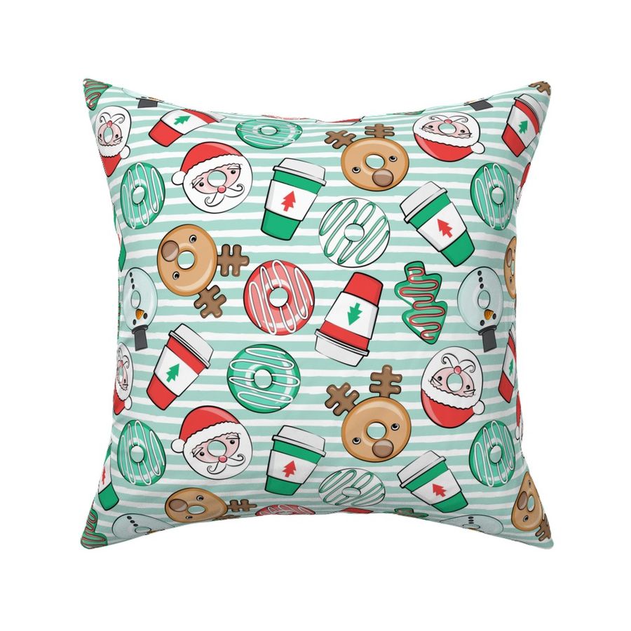 Christmas Donuts and Coffee - santa, snowman, reindeer, green and red doughnuts - mint stripes - LAD20