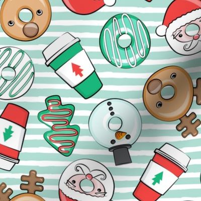 Christmas Donuts and Coffee - santa, snowman, reindeer, green and red doughnuts - mint stripes - LAD20