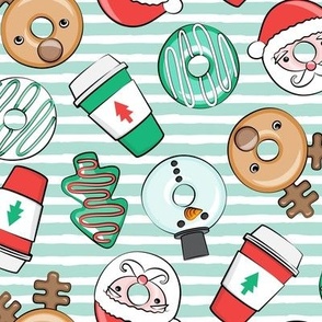 Christmas Donuts and Coffee - santa, snowman, reindeer, green and red doughnuts - mint stripes - LAD20