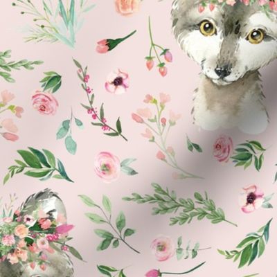 floral baby wolf on pink