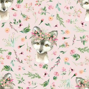 floral baby wolf on pink