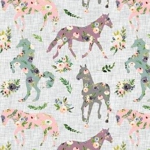 floral patchwork horses on gray linen background - small about 3 inch scale
