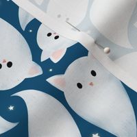 Large Scale Cute Halloween ghost cats kittens flying, surrounded with tiny sparkle star, navy background
