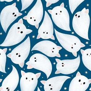 Large Scale Cute Halloween ghost cats kittens flying, surrounded with tiny sparkle star, navy background