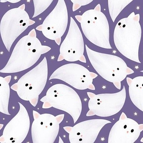 Large scale Cute Halloween ghost cats kittens flying, surrounded with tiny sparkle star, lavender purple background