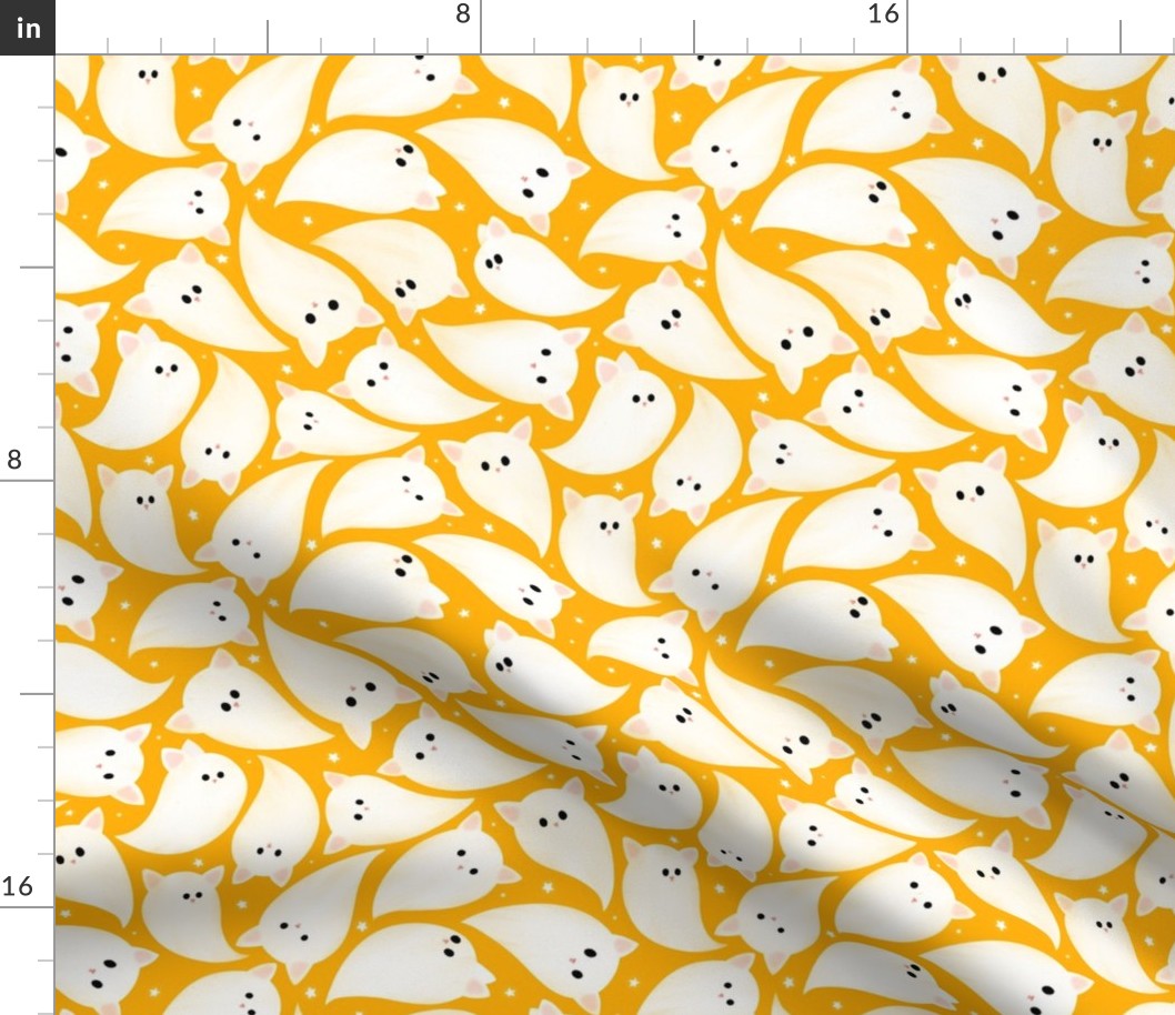 Large scale Cute Halloween ghost cats kittens flying, surrounded with tiny sparkle star, yellow background