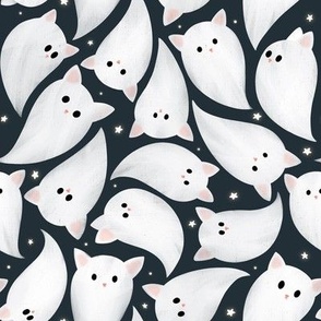 Large scale Cute Halloween ghost cats kittens flying, surrounded with tiny sparkle star, dark night black background