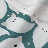 Large scale Cute Halloween ghost cats kittens flying, surrounded with tiny sparkle star, emerald green background