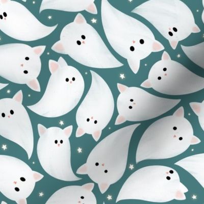 Large scale Cute Halloween ghost cats kittens flying, surrounded with tiny sparkle star, emerald green background