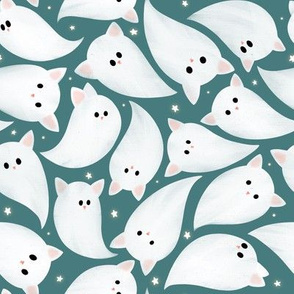 Large scale Cute Halloween ghost cats kittens flying, surrounded with tiny sparkle star, emerald green background