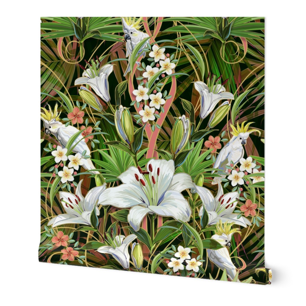 Tropical Lilies & Cockatoos Wallpaper | Mixed Palms