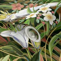 Tropical Lilies & Cockatoos Wallpaper | Mixed Palms