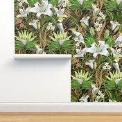 Tropical Lilies & Cockatoos Wallpaper | Mixed Palms