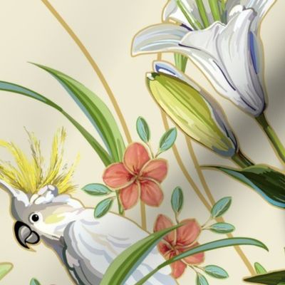 Tropical Lilies & Cockatoos | Solid Cream
