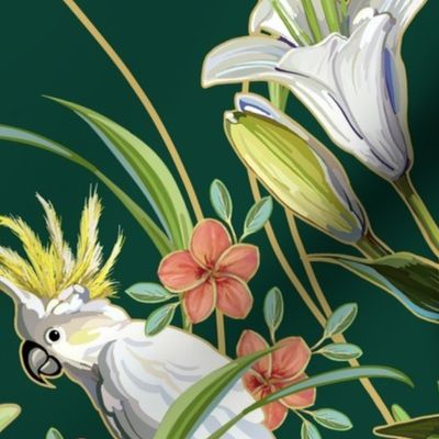 Tropical Lilies & Cockatoos | Solid Deep Cool Green