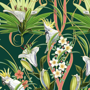 Tropical Lilies & Cockatoos | Solid Deep Cool Green