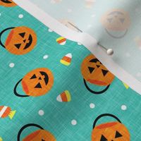 (small scale) halloween pumpkin candy buckets - trick or treat jack o lantern, candy corn, halloween candy - teal - LAD20BS