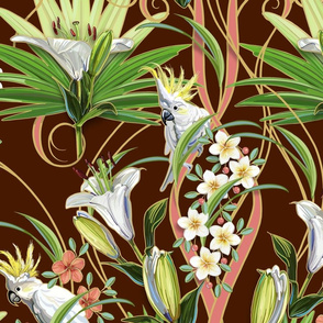 Tropical Lilies & Cockatoos | Solid Chocolate Brown