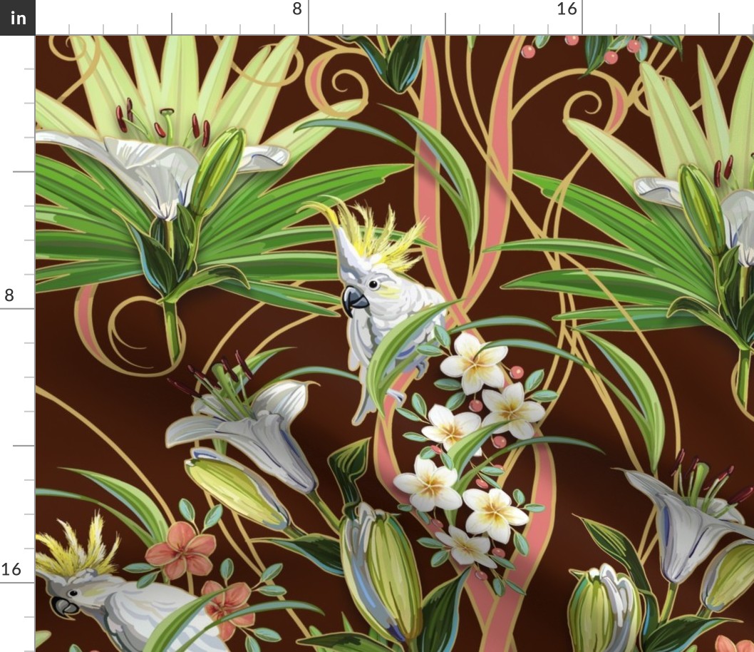 Tropical Lilies & Cockatoos | Solid Chocolate Brown